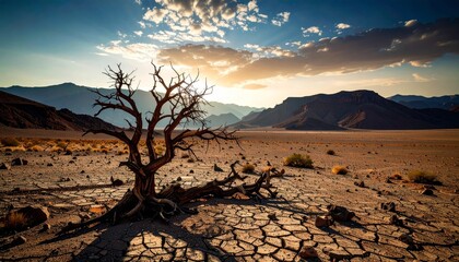 global warming; dry tree branch, desert landscape