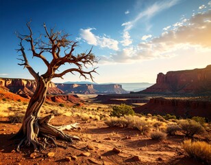 global warming; dry tree branch, desert landscape