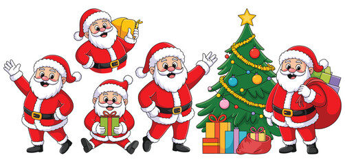 Five cartoon santa clauses with christmas tree and gifts