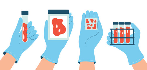 Hands in gloves holding blood samples and test tubes