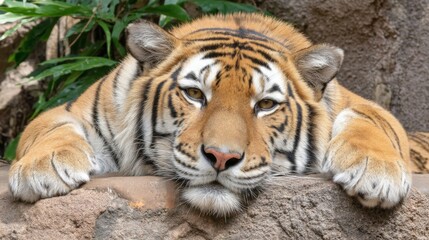 Obraz premium Close-up of a relaxed tiger resting on a rock in its natural habitat