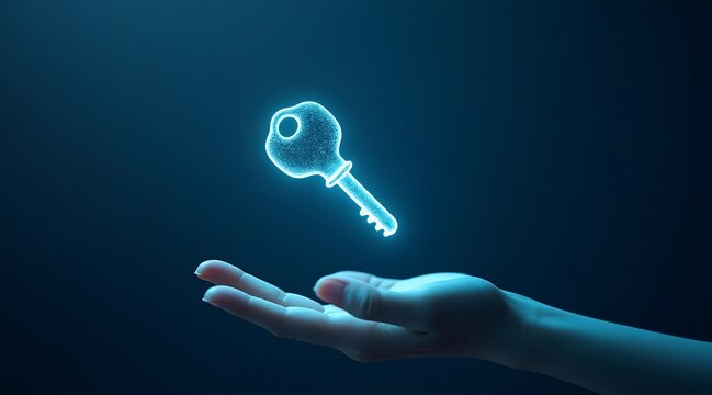 Futuristic glowing key floating above a hand and arm - Powered by Adobe