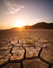 global warming; dry tree branch, desert landscape