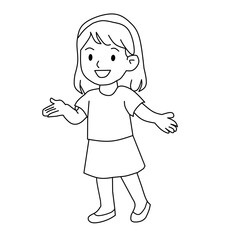 A simple black and white cartoon line drawing of a happy young girl standing with a welcoming expression and her arms slightly outstretched.
