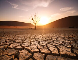 global warming; dry tree branch, desert landscape