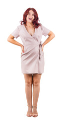 Full length portrait of a young angry woman standing with hands on hips, mouth open like scolding