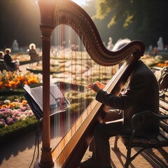 A harpist plays softly on a bench in a park The harpvs strings s