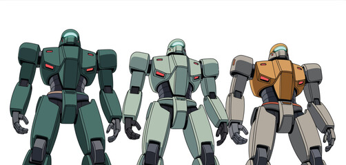 Three armored robots standing in a row