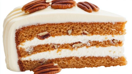 A slice of butter pecan cake is presented on a white background and topped with crushed pecans