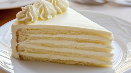 A classic vanilla cake slice is presented on a white background with white frosting