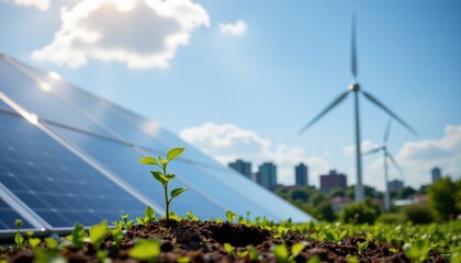 Harnessing solar energy solar panels and wind turbines urban landscape nature photography clean environment