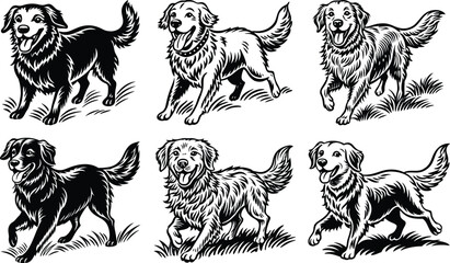 Six Happy Dogs Black and White Illustrations