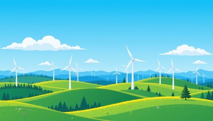 Wind turbines on rolling hills scenic landscape digital art vibrant nature peaceful environment