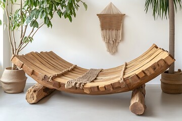 Rustic Wooden Bench with Boho Wall Hanging and Plants