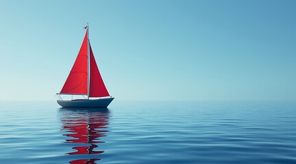 Red sailboat sailing on calm water under a blue sky