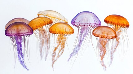 A garden of jellyfish appears to float, surrounded by softly glowing tendrils, set against a white background