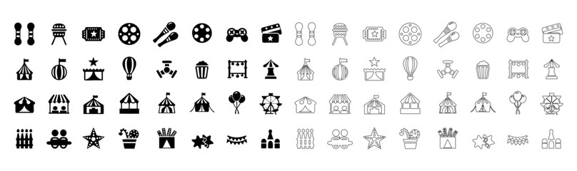Entertainment Vector Icon Set –  Adjustable Line Weight Icons for Bowling, Theater, Cinema, Amusement Park, Circus, Arcade, Pool, Rides, Magic, Playground & More – Perfect for Leisure, Fun & Event