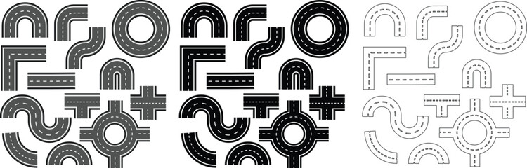 roads, highway, perspective, icon set, road, path, different, dend, roadway, connect, cities, road path, piece, graphic, style, vector, collection, illustration, isolated, transparent, background, rou