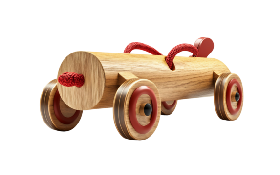 Classic wooden dog toy with pull string in red color designed for toddlers isolated on transparent background PNG