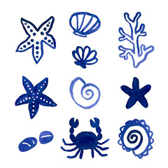 Hand drawn watercolour summer illustration of coastal resort vibe. Use as print, poster, element design, textile, label, stocker, tattoo.