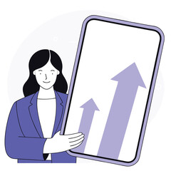 Smiling African American woman holding large phone displaying an upward trending arrow graph