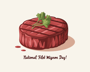 Vector style clipart of one filet mignon on a white plate with a rosemary leaf and more steaks next to it, on a beige background. National Filet Mignon Day.