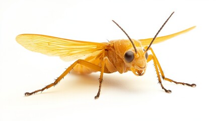 Viewed from the side, a resting alderfly displays its delicate wings, standing out against a white isolation