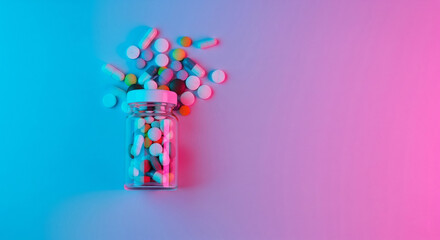 Pills overflowing from a bottle under vibrant blue and pink neon light, modern medicine, innovative therapies, mental health awareness, or the futuristic side of pharmaceuticals. Space for text.