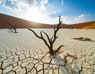global warming; dry tree branch, desert landscape