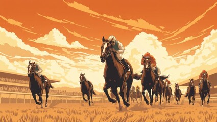 Horse Racing: Dynamic Jockeys on a Dusty Track at Sunset
