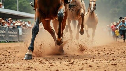Obraz premium Racing Thoroughbred Horses on Dusty Track at Horse Racing Event