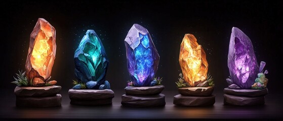 Beautiful illuminated colorful crystal clusters glowing on black background with warm and cool lighting