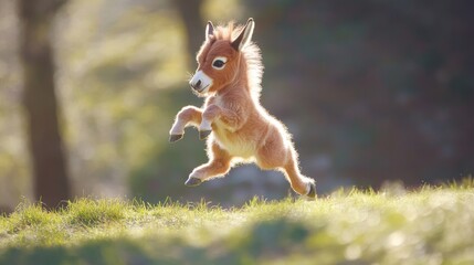 A young donkey circles around playfully, kicking its hooves into the air and flicking its tail with energetic abandon