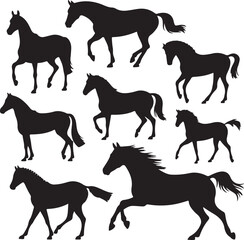 Horse Silhouette Vector Set – 8 Black and White Icons of Different Breeds and Poses