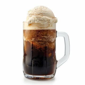 A frosty mug of root beer, with a generous scoop of vanilla ice cream, creating a classic root beer float