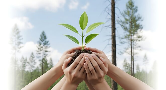 Hands Holding a Young Plant in a Forest Setting