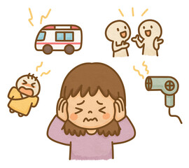 発達障害の女の子が聴覚過敏のために耳を押さえてうるさいと思っているイラスト