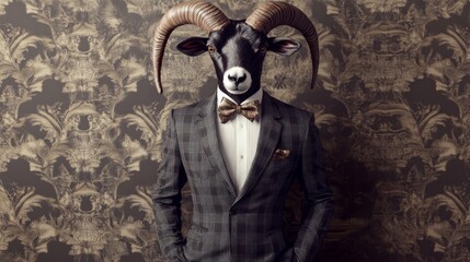 Proudly standing is an aged sheep, adorned in vintage clothing with a lively twist, and aided by a walking stick