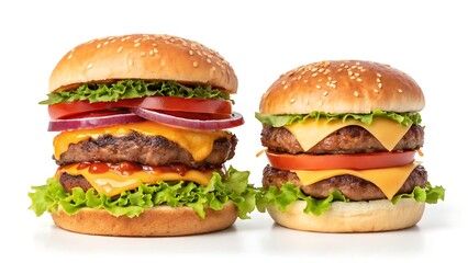 Two delicious double cheeseburgers isolated on white background