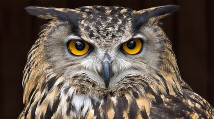 Fototapeta premium Close-up of a majestic owl with piercing yellow eyes and detailed feather patterns