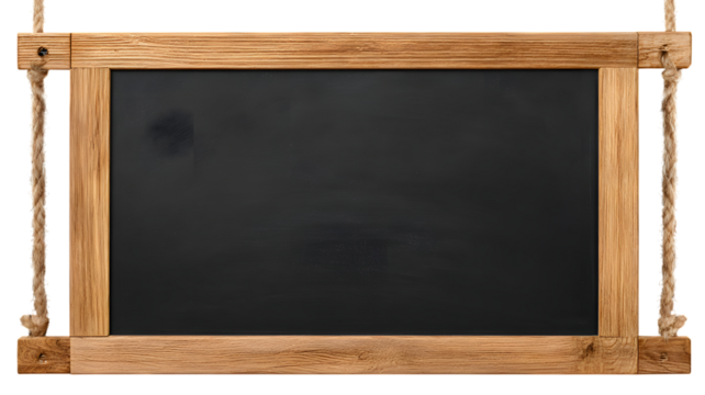 Rustic hanging blackboard with wooden frame and rope for display or announcement space for adding text or messages
