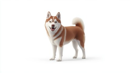A white background serves as the setting for a rear view of a Siberian Husky wagging its tail