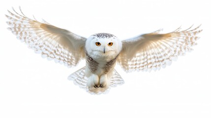 In this image, a snowy owl takes off, captured from a rear view and set against a plain white background