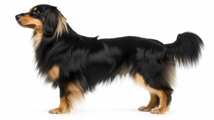 A dachshund is seen from behind as it walks away with its tail wagging, set against a white background