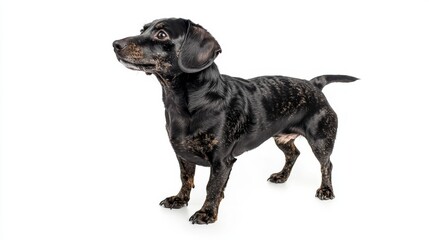 A tail-wagging dachshund is captured walking away, viewed from the rear, against a white backdrop