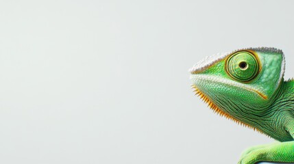 A chameleon is shown from the side as it changes colors against a white backdrop