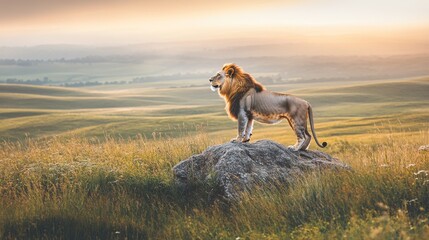 A lion is shown standing on a rock, viewed from the side, and set against a clean white background