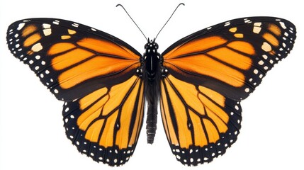 A monarch butterfly is shown resting in a side view against a white background