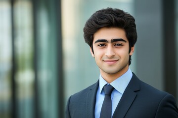 Dynamic portrait photography captures a charismatic Indian businessman in a professional suit posed on a soft gray background