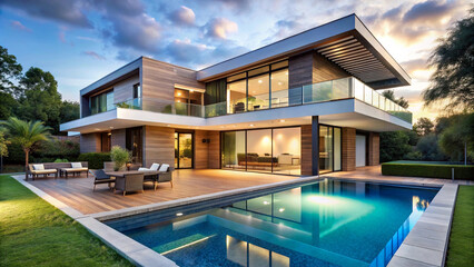 Fototapeta premium Modern luxury house with pool and patio at sunset.